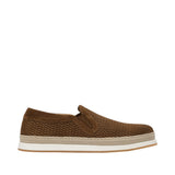 Profile view of a Baldinini brown woven suede slip-on sneaker showcasing its detailed textured upper, elastic side goring, braided jute espadrille midsole trim, and clean white rubber sole against a white background.