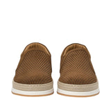 Front-facing view of a pair of Baldinini brown suede slip-on sneakers highlighting the breathable woven texture on the toe boxes and the braided jute espadrille borders above the white midsoles against a white background.