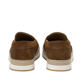 Rear view of a pair of Baldinini brown slip-on sneakers showing the smooth suede heel counters, neat top stitching, braided jute trim, and flat white rubber soles against a white background.