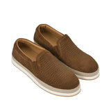 An overhead three-quarter angle view of a pair of Baldinini brown woven suede sneakers, displaying the rich texture, smooth suede trim along the collar, and casual espadrille-style sole construction against a white background.
