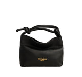 Piumelli Bonbon Black mini top-handle bag in textured leather with knot detail and gold branding.