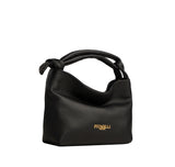Piumelli Bonbon Black mini top-handle bag in textured leather with knot detail and gold branding.