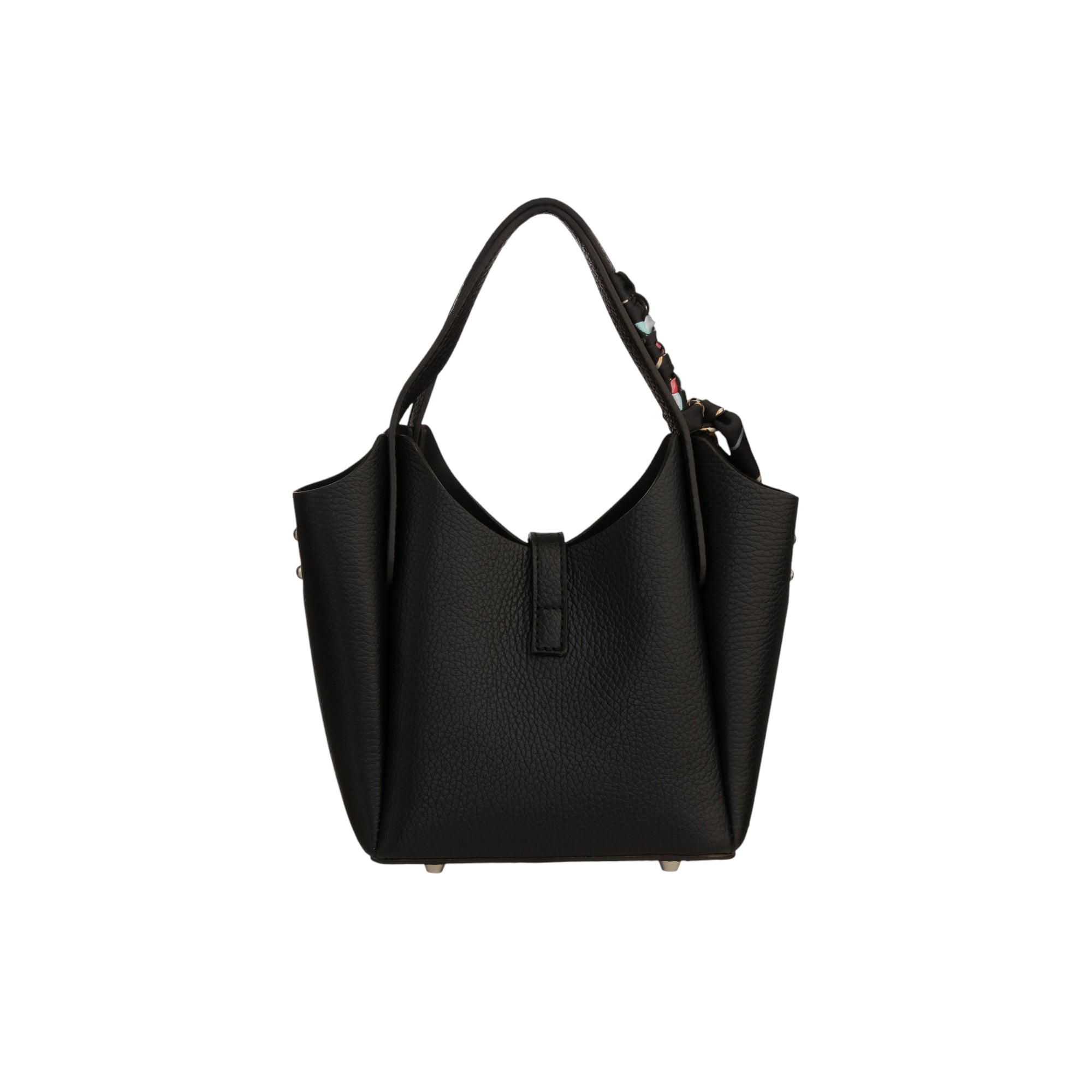 Black pebbled leather handbag with a single top handle, front strap closure, gold-toned side studs, and feet. Colorful charm.