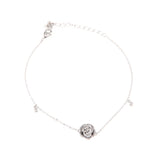 Silver-toned delicate chain bracelet with a central rose-shaped motif embellished with clear crystals, and small crystal acce