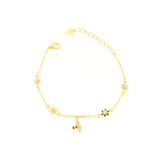 Gold-toned chain bracelet with a bee charm and multiple flower charms in pink, green, and white with clear stones.