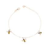 Silver-toned chain bracelet with three black and yellow striped bee charms, each featuring pavé-set wings.