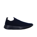 Navy Blue high-top sneakers with white laces on a white background