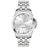Men's silver-toned steel watch with a round case, silver sunray dial, rectangular markers, and a three-link bracelet.