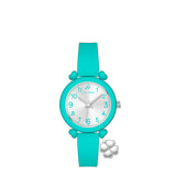 Teal silicone watch with a round silver-toned face, teal numbers, and silver-toned hands. Features heart-shaped lugs and a si