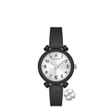Black Luca Barra women's watch with a silver-toned round case, silver dial, and a silver-toned four-leaf clover charm.