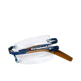 B+D Rimless Reading Glasses in Blue with Brown Temples