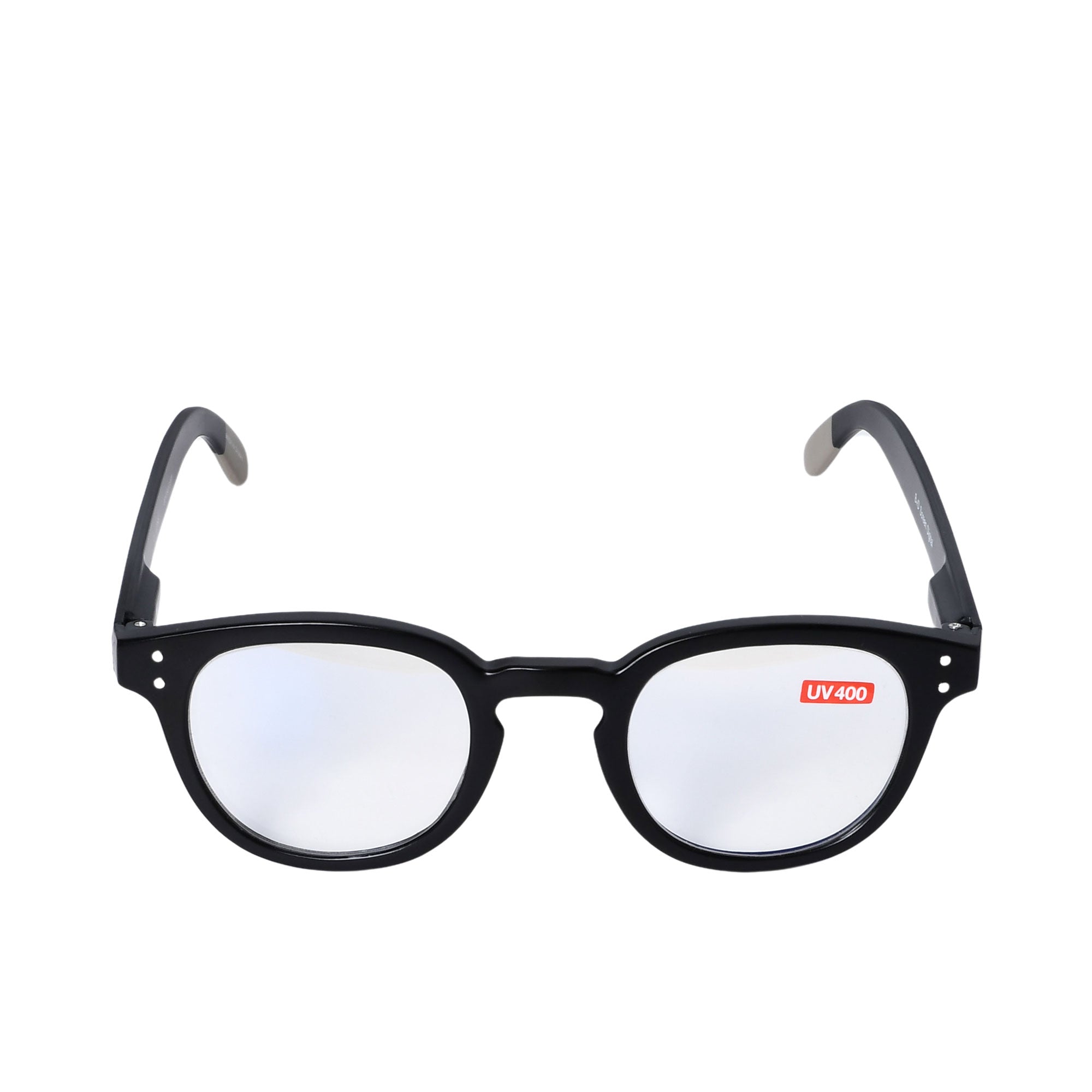 B+D round black eyeglasses with UV400 clear lenses and metallic hinge accents for a classic everyday look.