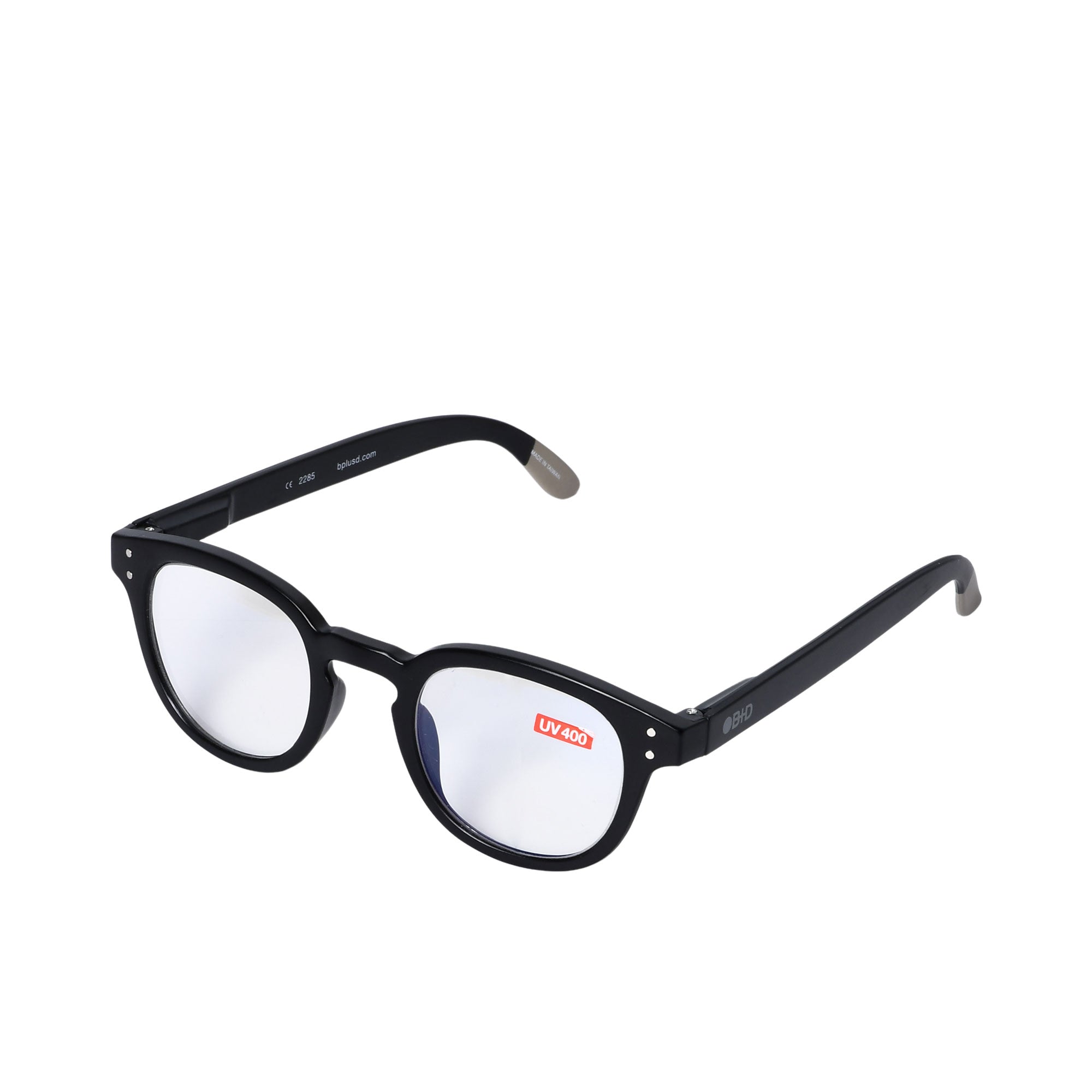 B+D round black eyeglasses with UV400 clear lenses and metallic hinge accents for a classic everyday look.