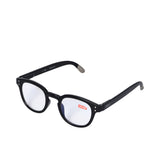 B+D round black eyeglasses with UV400 clear lenses and metallic hinge accents for a classic everyday look.