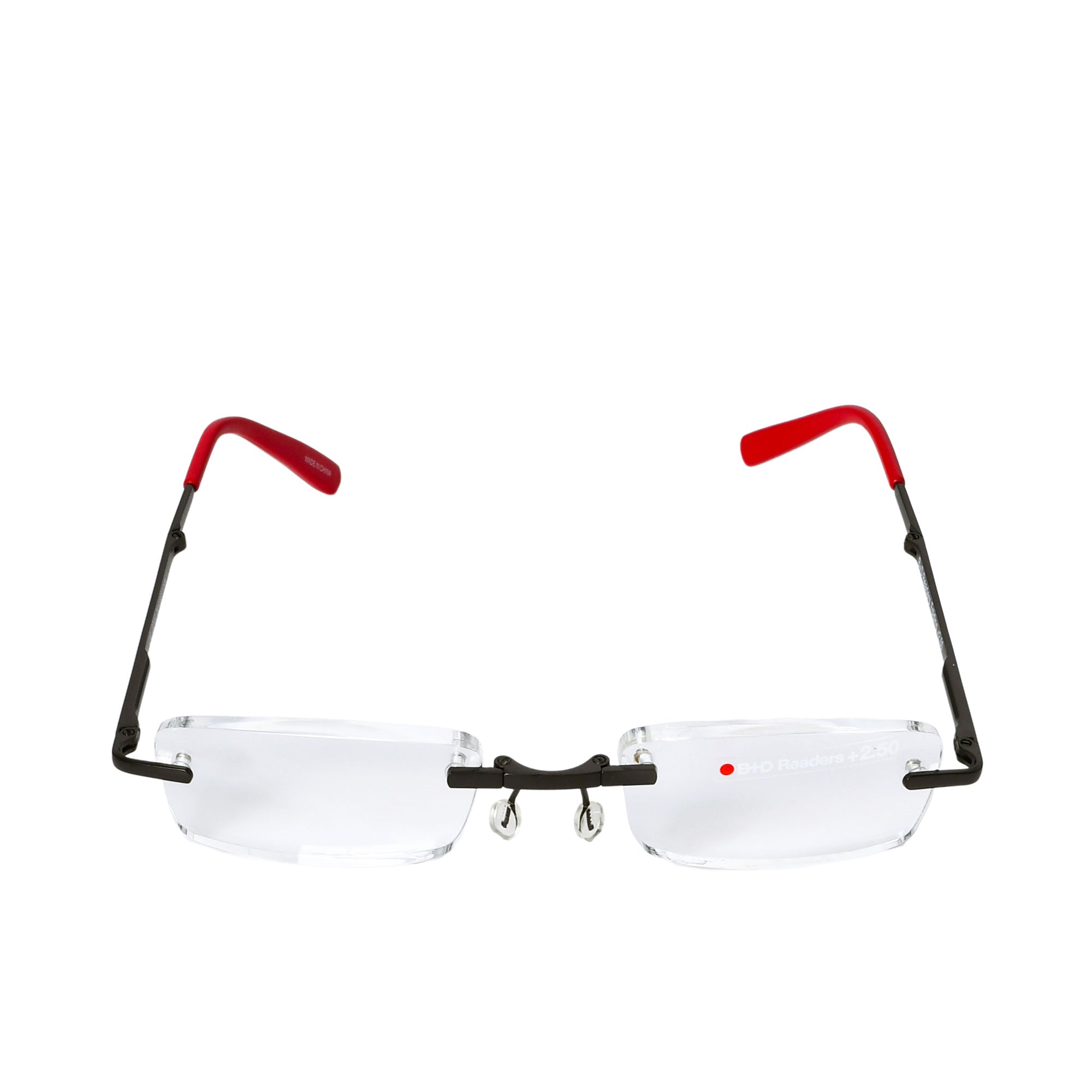 B+D Readers Unisex Black and Red Rimless Reading Glasses with Clear Lenses — Now Available Online.