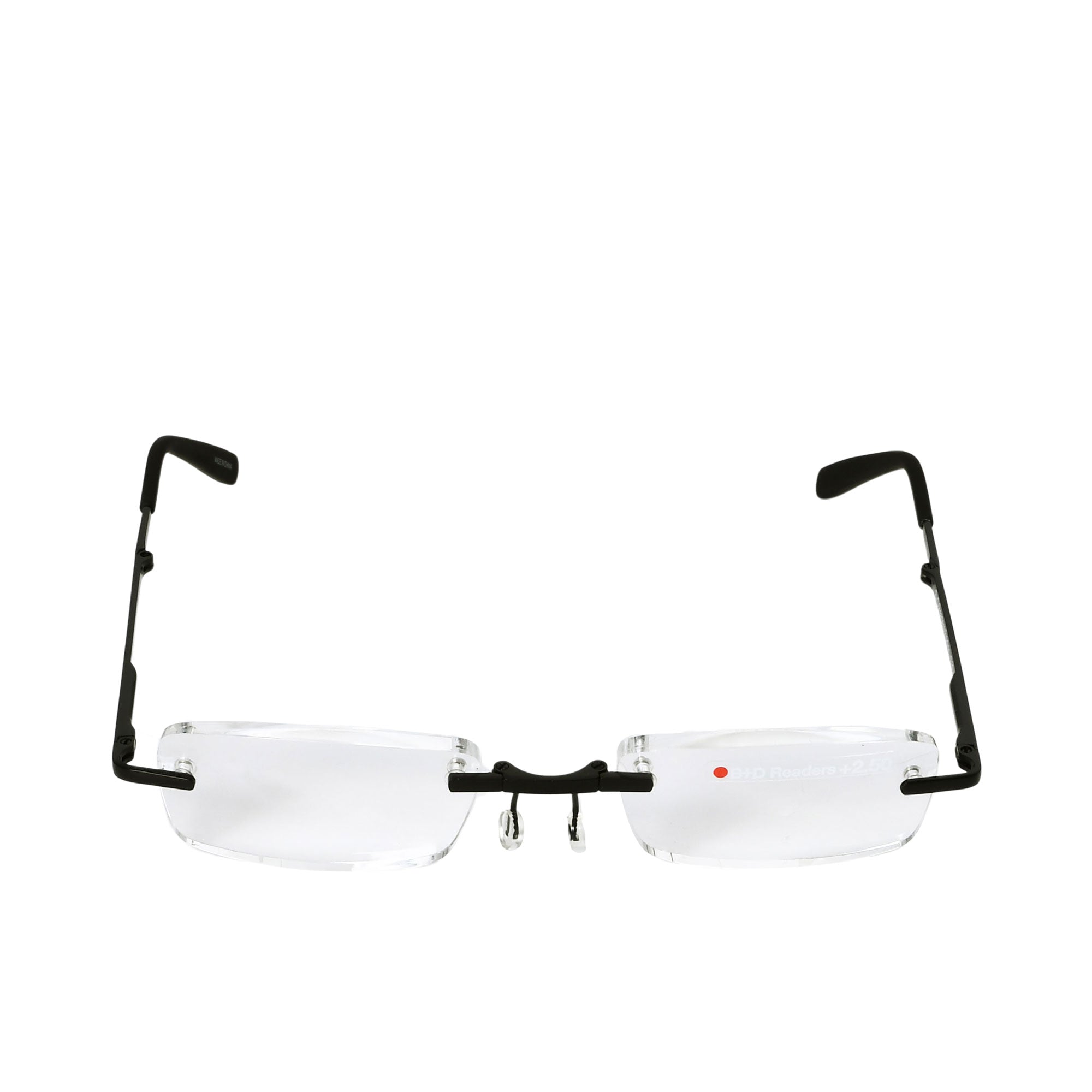 B+D Unisex Black Rimless Reading Glasses with Clear Lenses — Available Online Today.