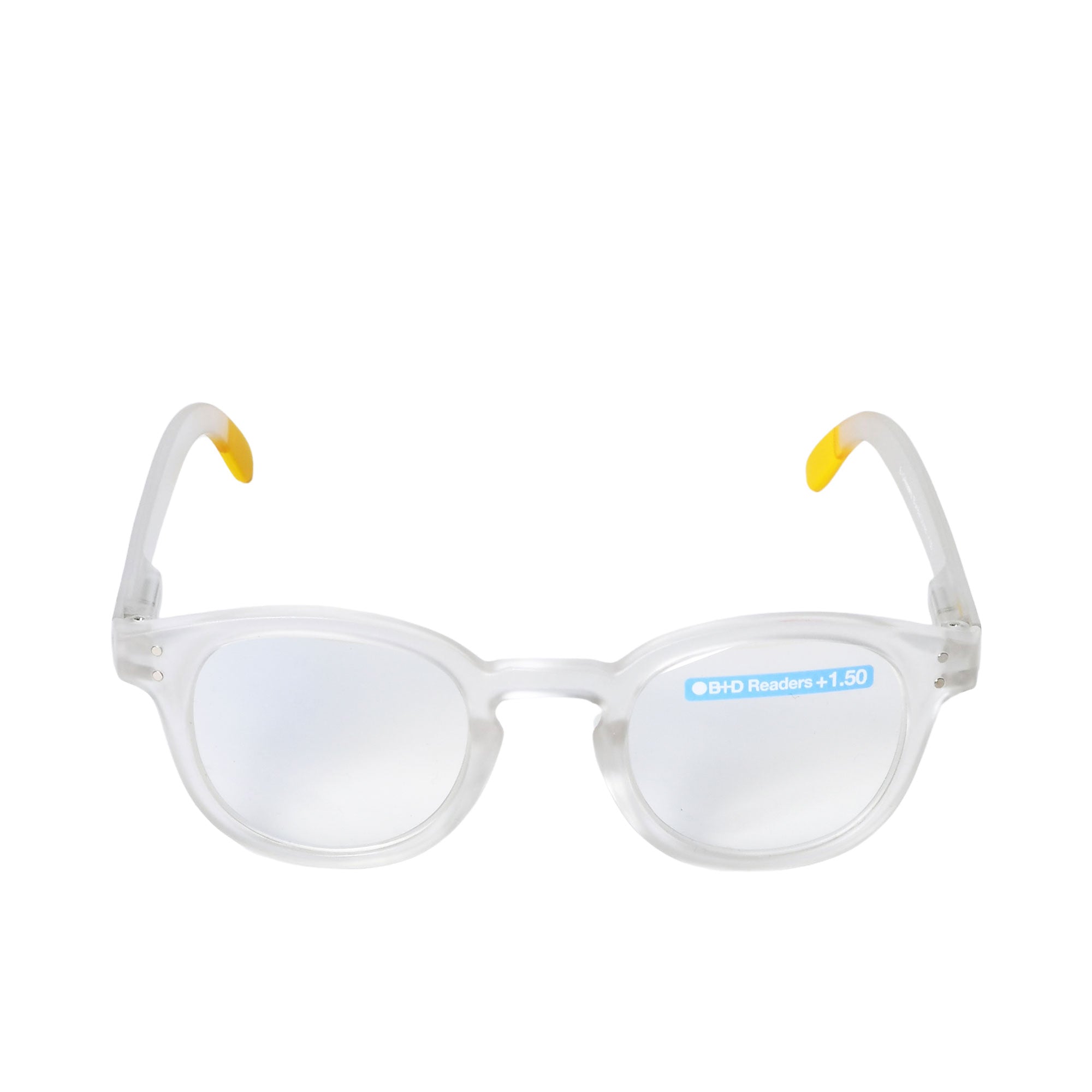 B+D Unisex Clear Round Reading Glasses with Yellow Tips and Clear Lenses — Shop the Latest Online.