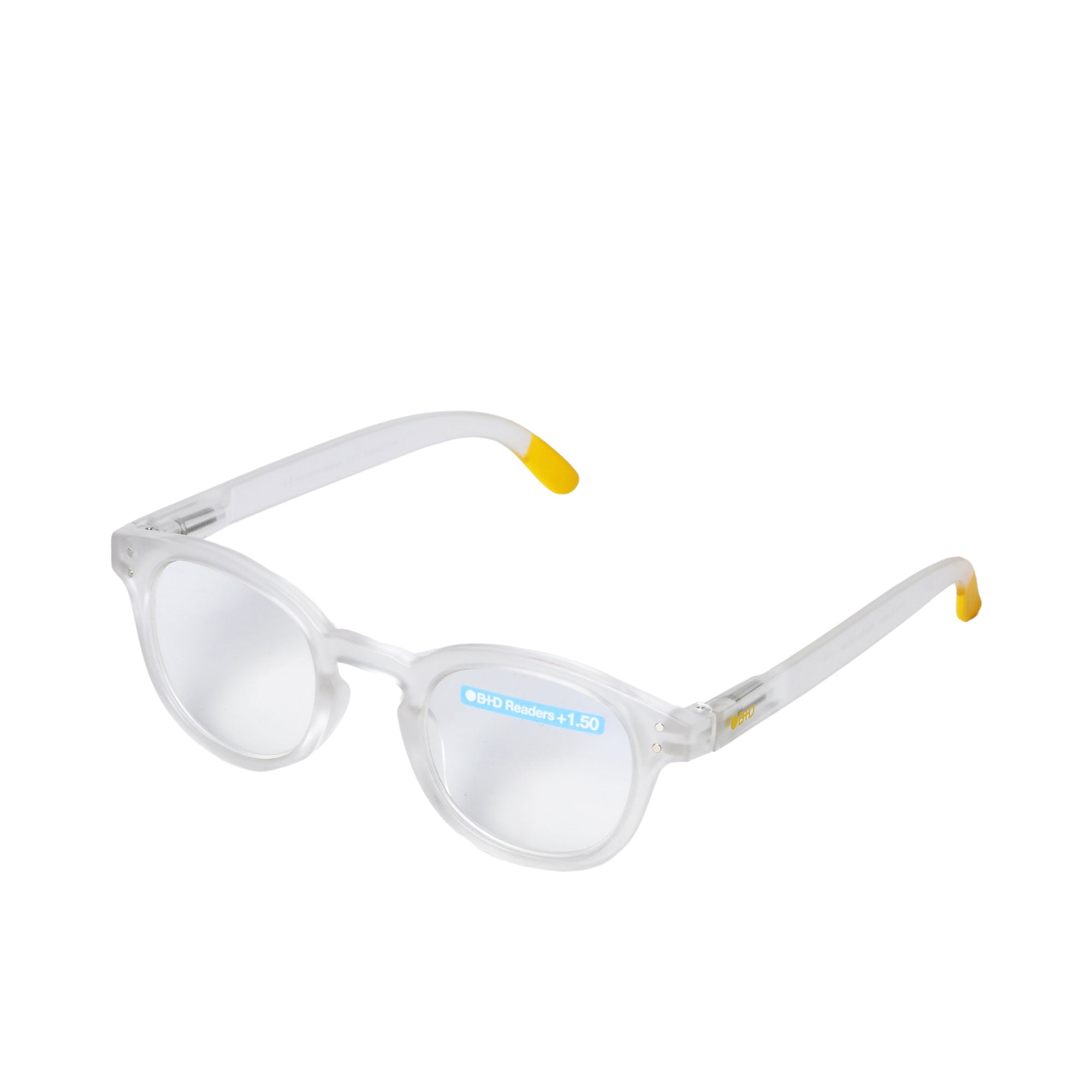 B+D Unisex Clear Round Reading Glasses with Yellow Tips and Clear Lenses — Shop the Latest Online.