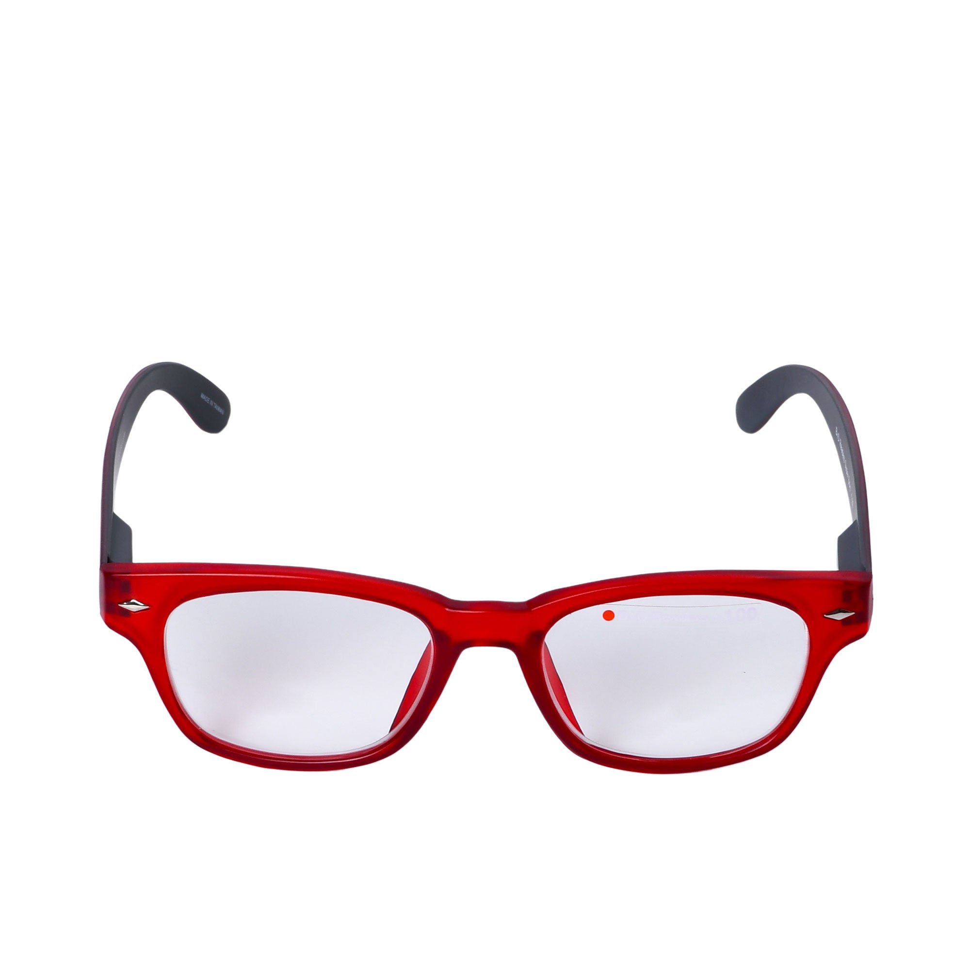 B+D Unisex Red Rectangular Reading Glasses with Grey Temples — Now Online.