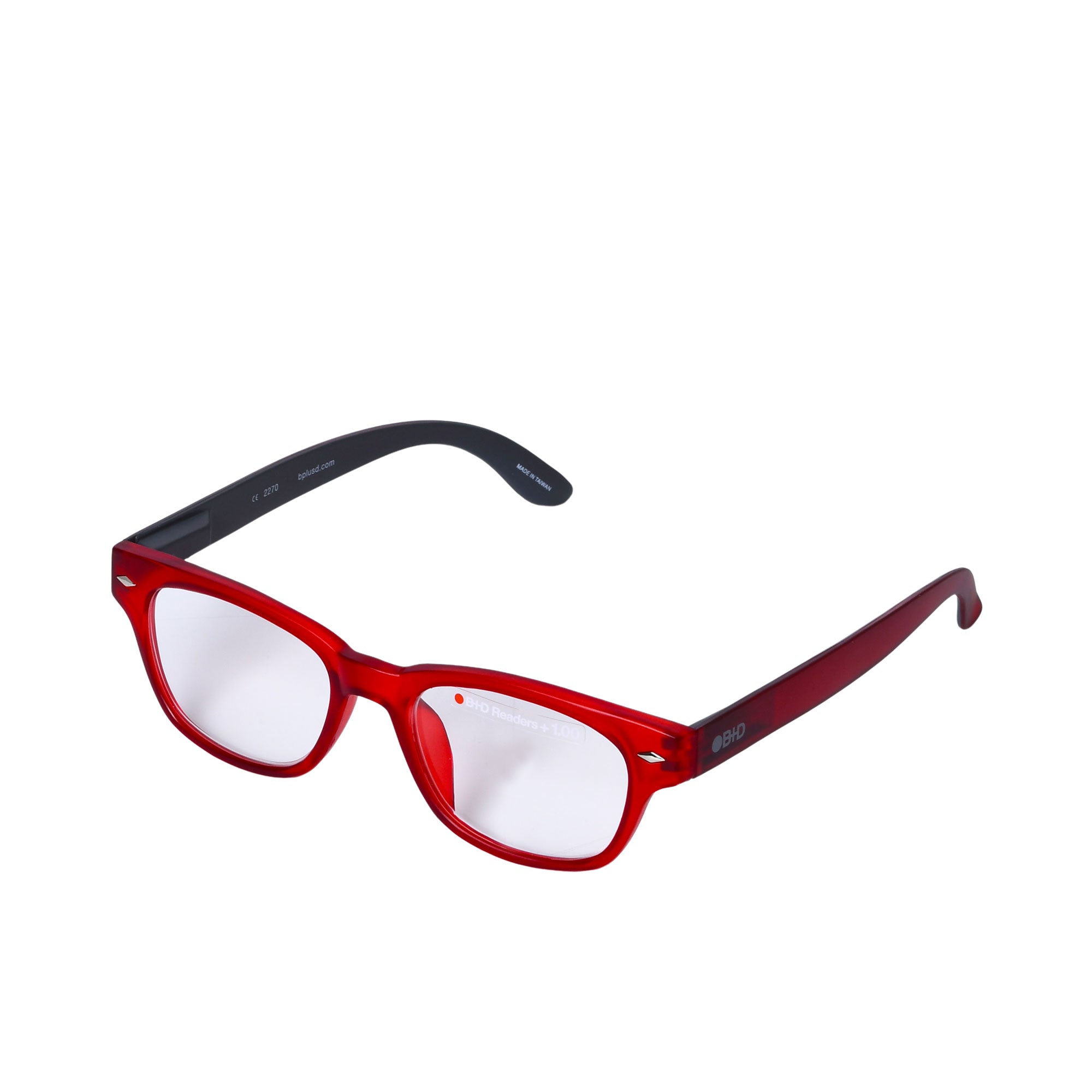 B+D Unisex Red Rectangular Reading Glasses with Grey Temples — Now Online.
