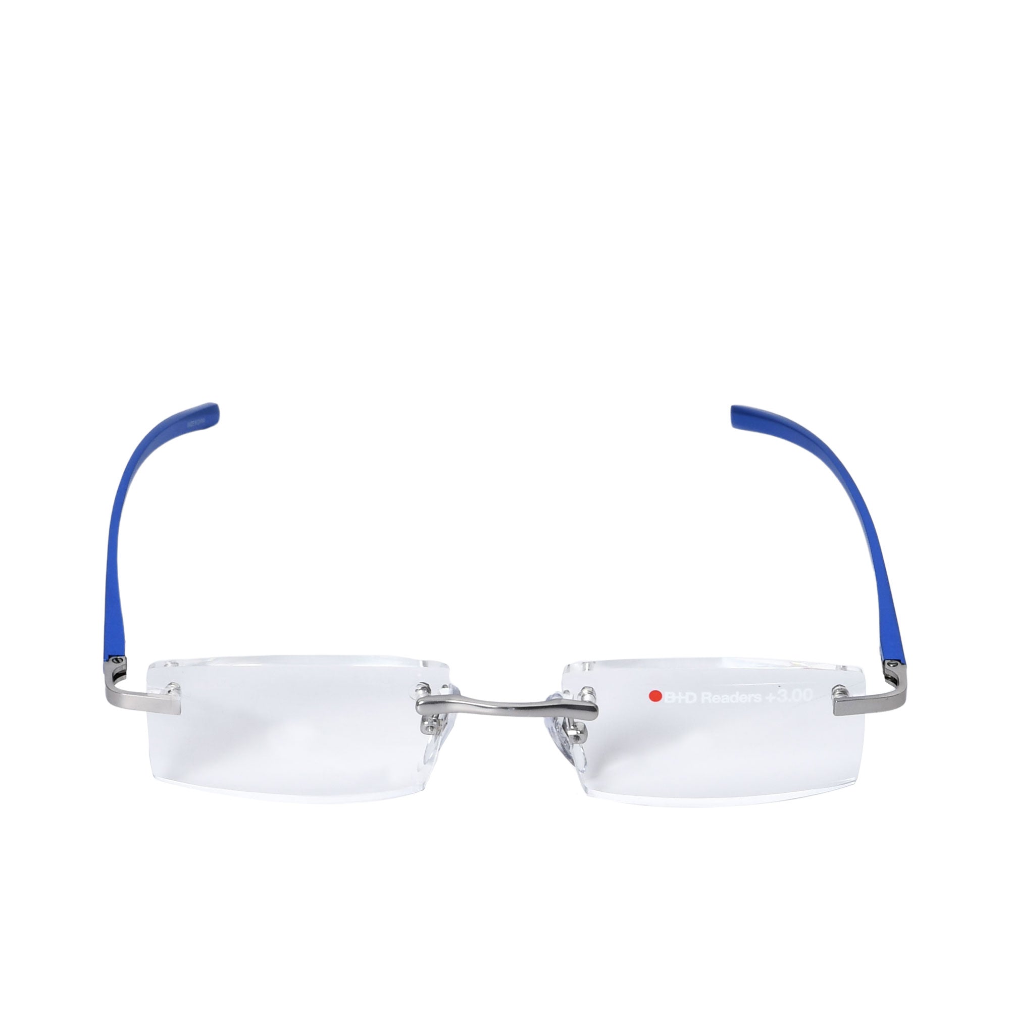 B+D Unisex Rimless Reading Glasses Silver Frame with Blue Temples — Available for Online Purchase.
