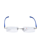 B+D Blue Rimless Reading Glasses with Silver Frame