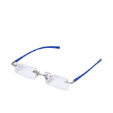 B+D Unisex Rimless Reading Glasses Silver Frame with Blue Temples — Available for Online Purchase.