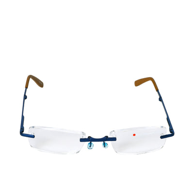 B+D Rimless Reading Glasses in Blue with Brown Temples