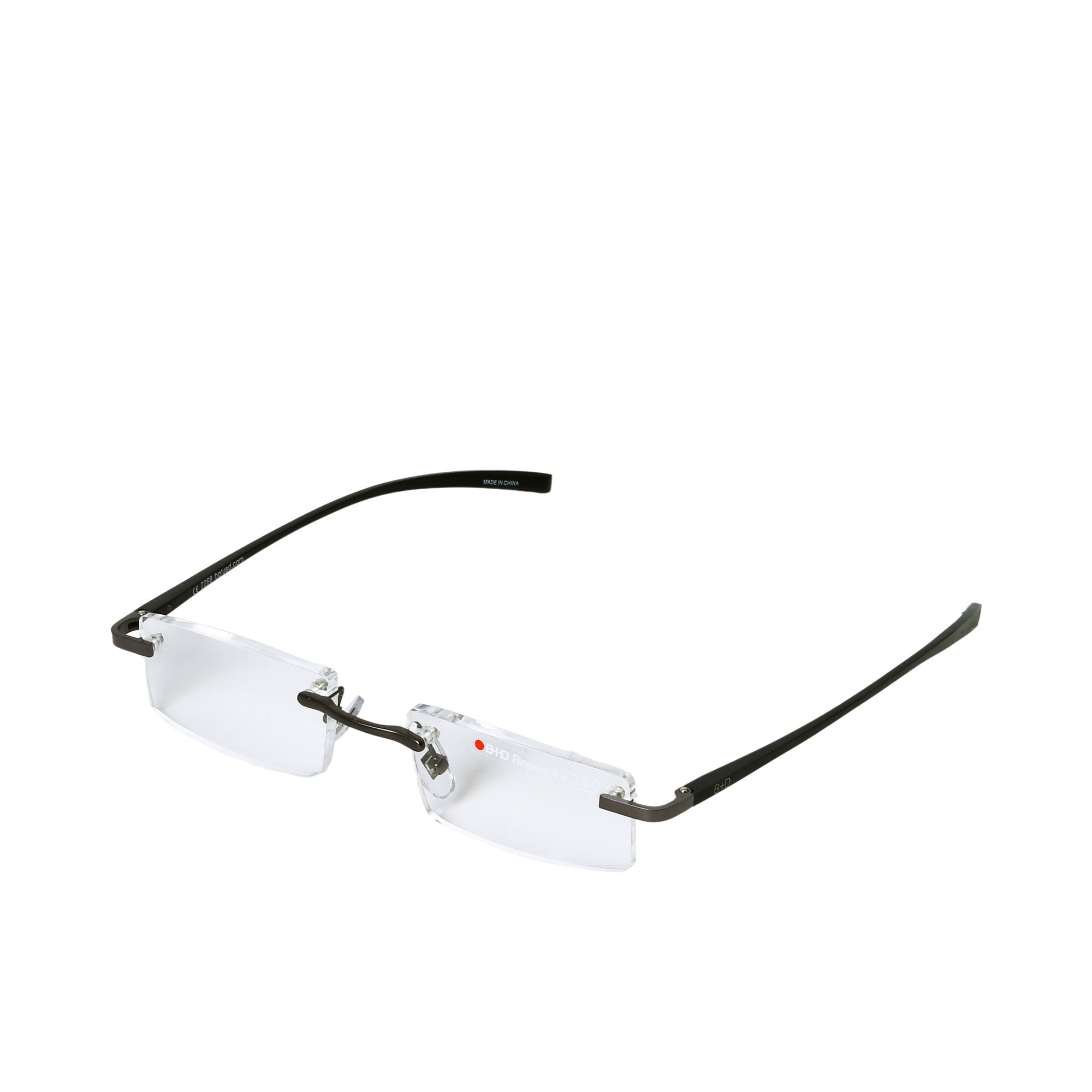 B+D Unisex Rimless Reading Glasses in Gunmetal with Black Temples — Available Online Today.