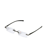 B+D Unisex Rimless Reading Glasses in Gunmetal with Black Temples — Available Online Today.