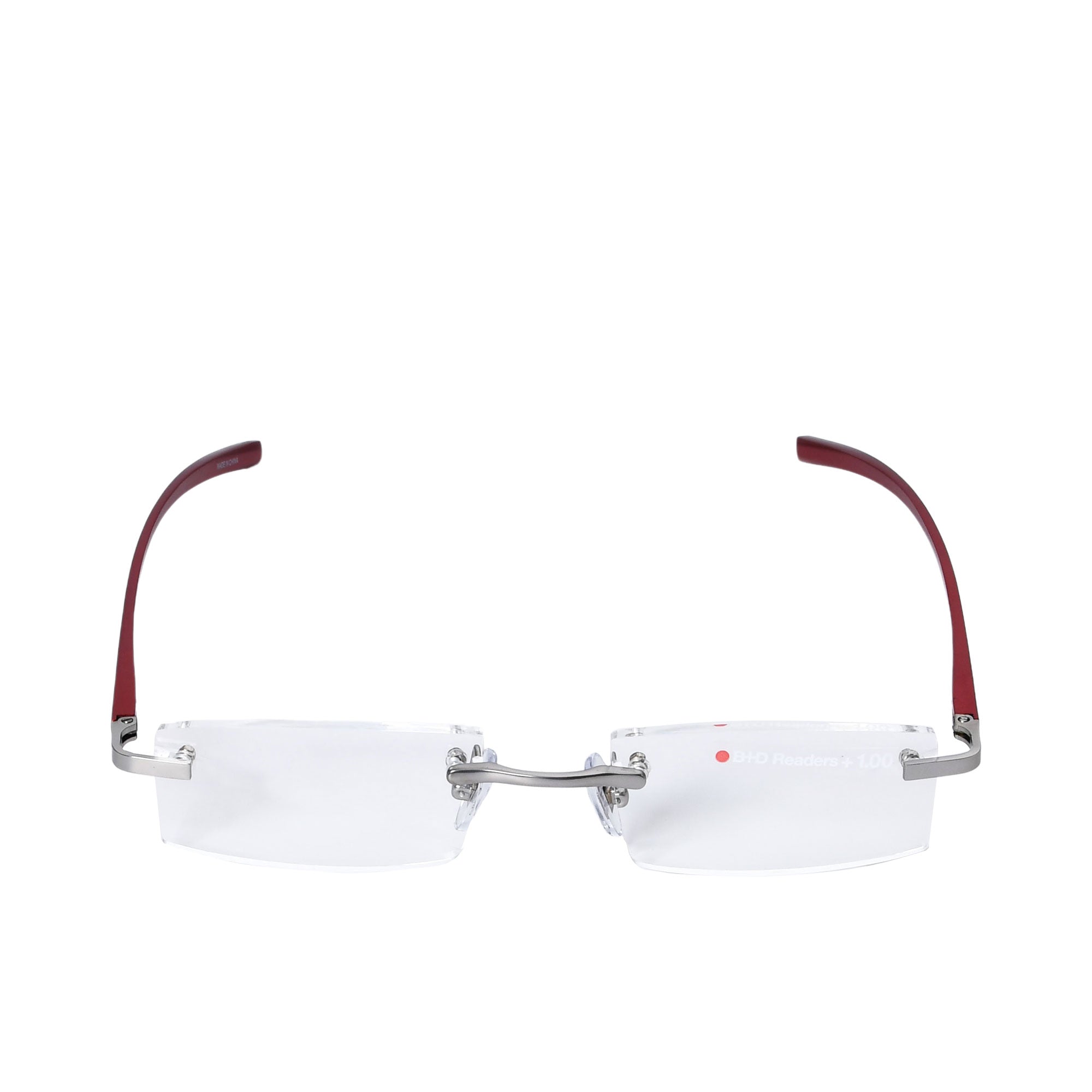 B+D Unisex Rimless Reading Glasses with Silver Frame and Burgundy Temples — Shop the Latest Online.