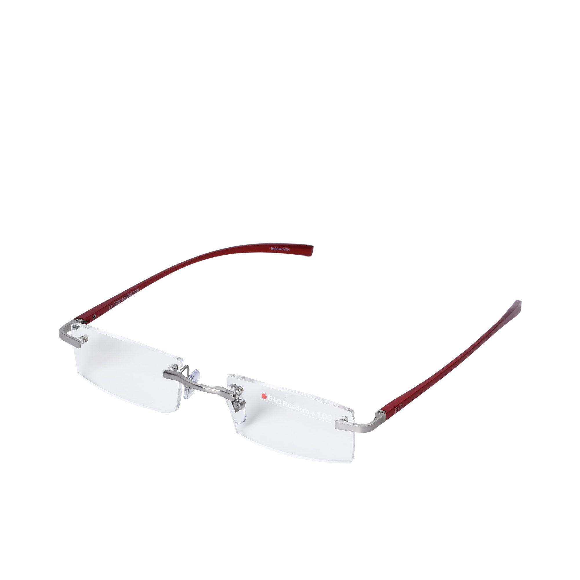 B+D Unisex Rimless Reading Glasses with Silver Frame and Burgundy Temples — Shop the Latest Online.