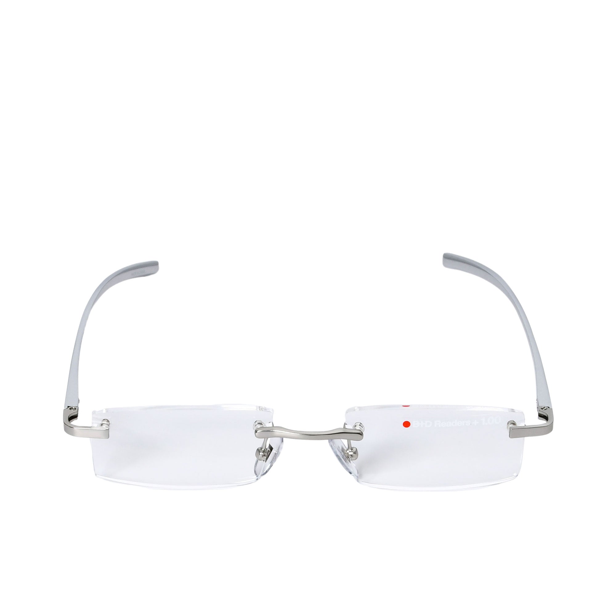 B+D Unisex Silver Rimless Reading Glasses with Clear Lenses — Available for Online Purchase.
