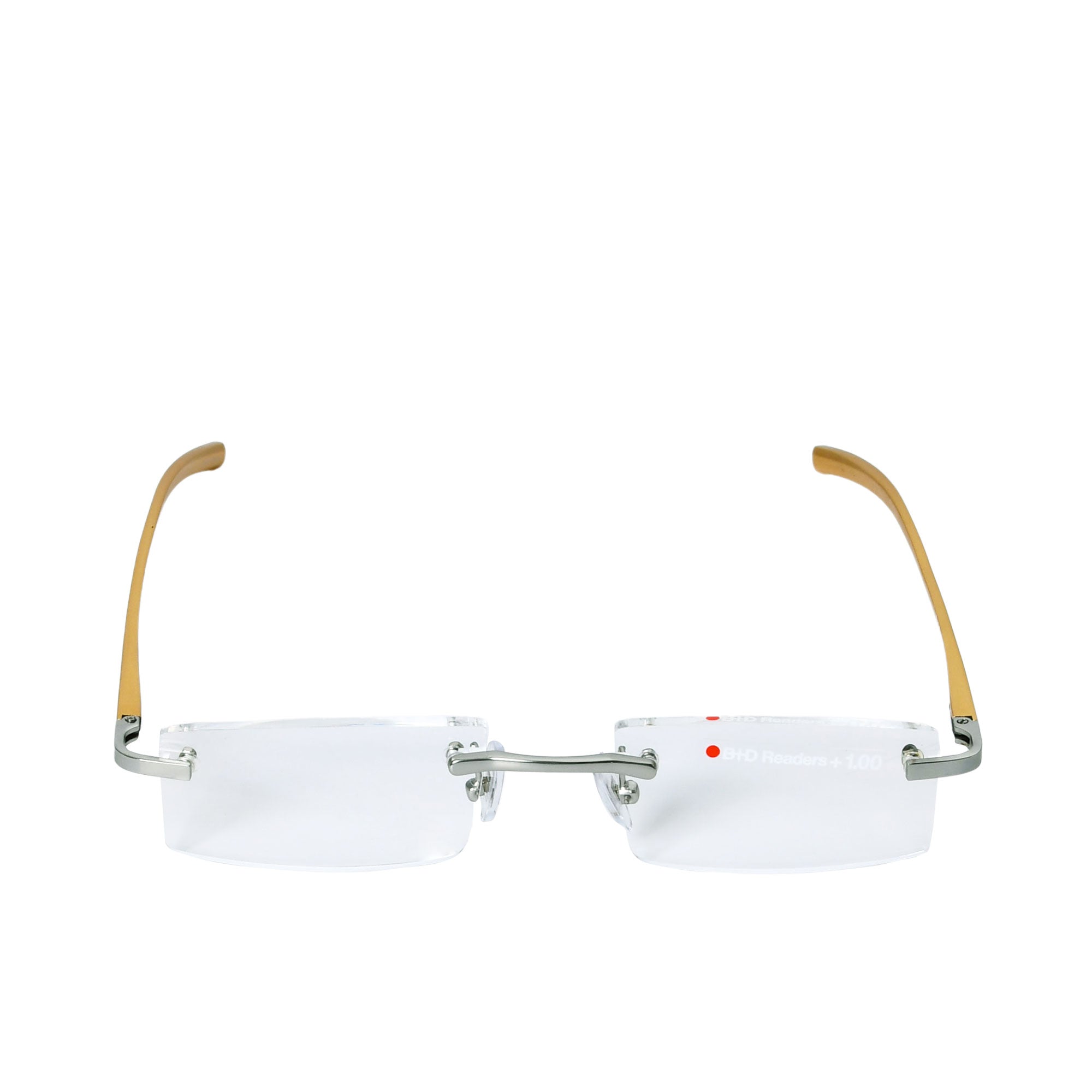 B+D Unisex Silver and Gold Rimless Reading Glasses with Clear Lenses — Now Available Online.