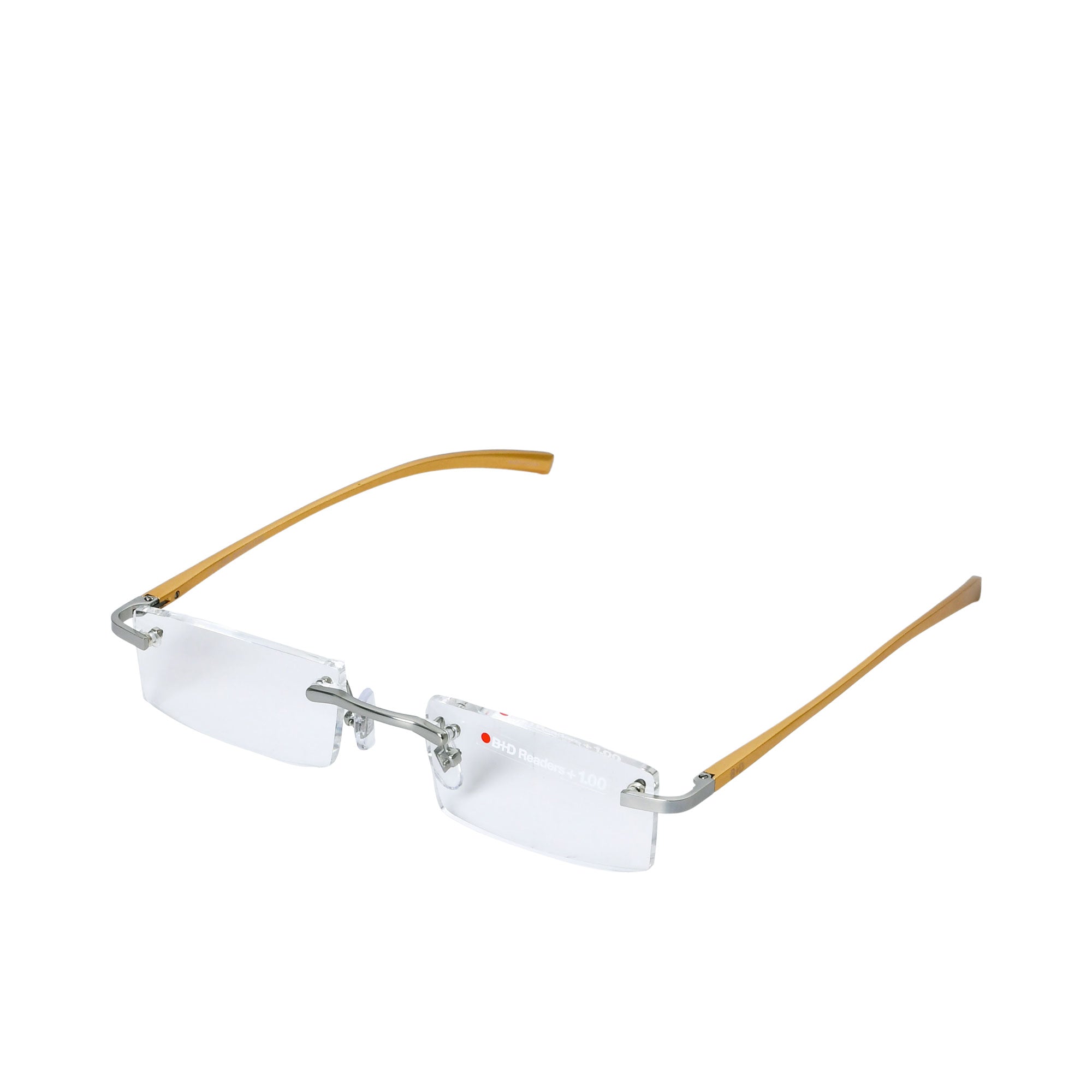 B+D Unisex Silver and Gold Rimless Reading Glasses with Clear Lenses — Now Available Online.