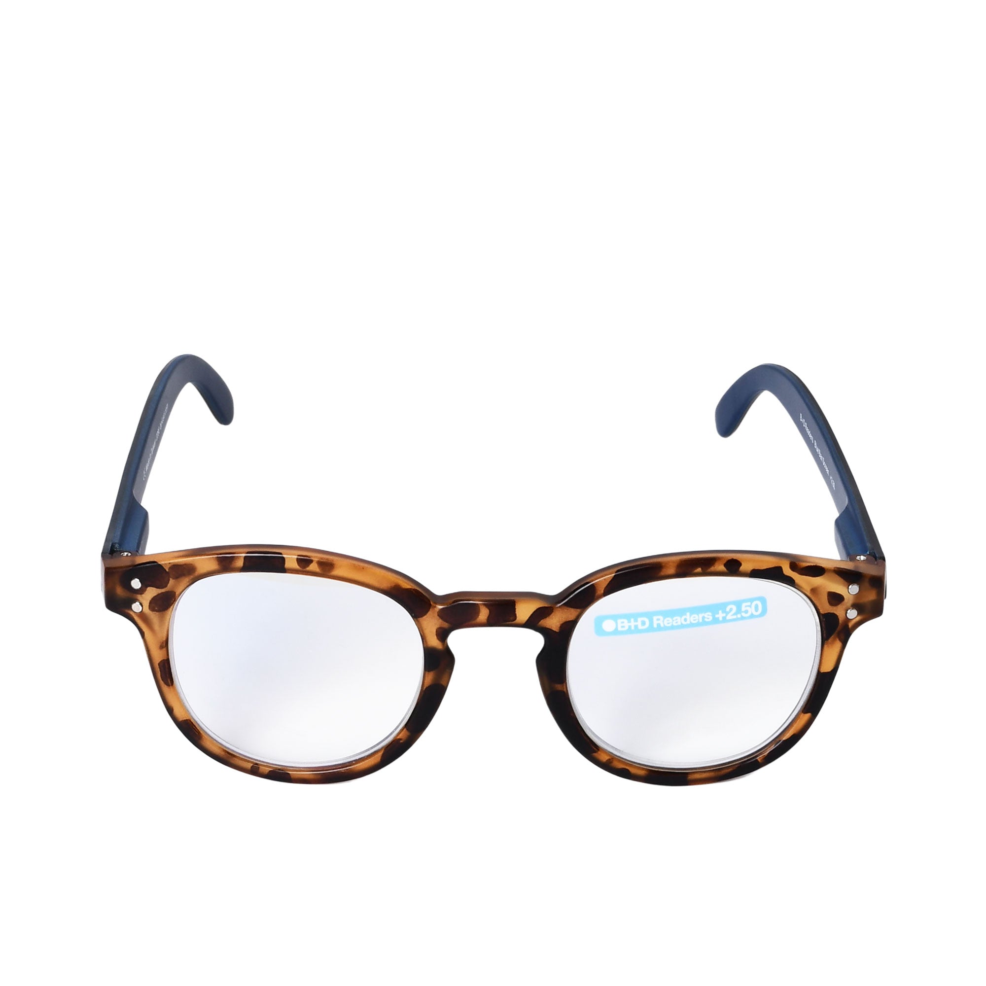 B+D Unisex Tortoiseshell Round Reading Glasses with Clear Lenses and Blue Temples — Order Online Today.