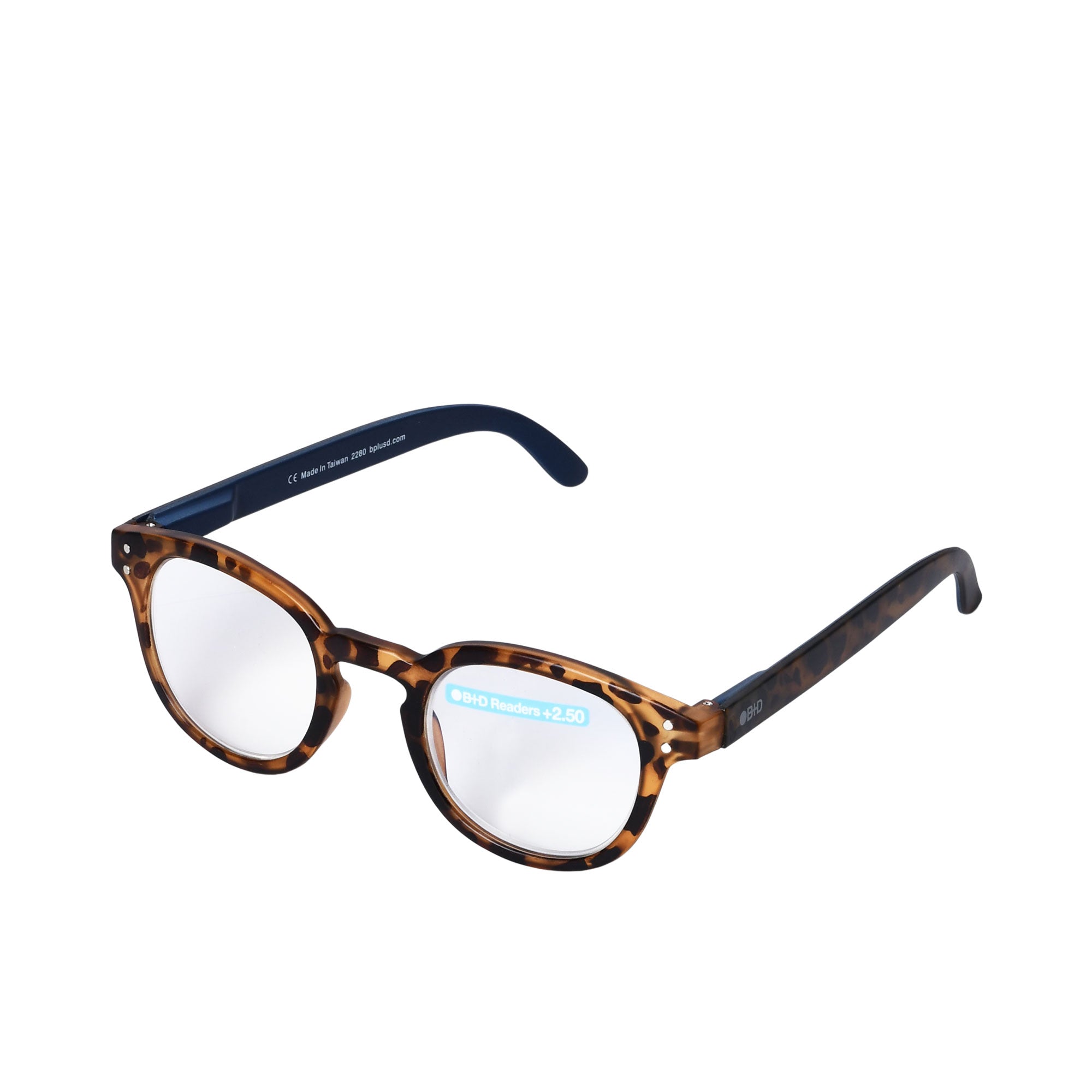B+D Unisex Tortoiseshell Round Reading Glasses with Clear Lenses and Blue Temples — Order Online Today.