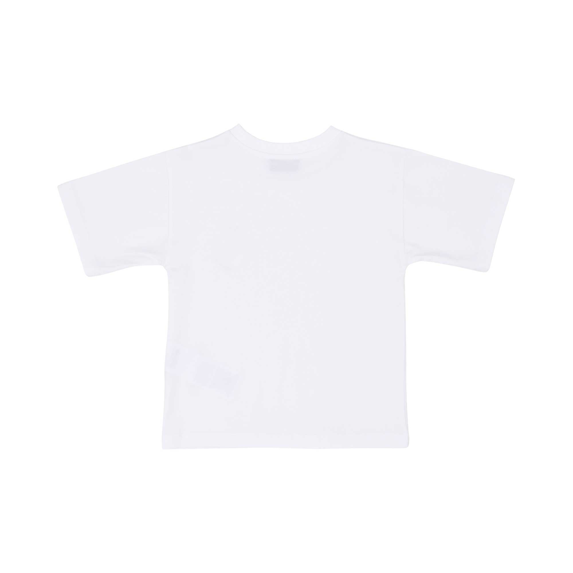 Back T-shirt view of the Moschino kids girls white T-shirt and pink trousers teddy print set. Shop Now Online