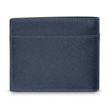 Rear view of the Cerruti 1881 navy blue Saffiano leather wallet, highlighting the textured finish, clean stitching lines, and additional integrated back slide pocket.