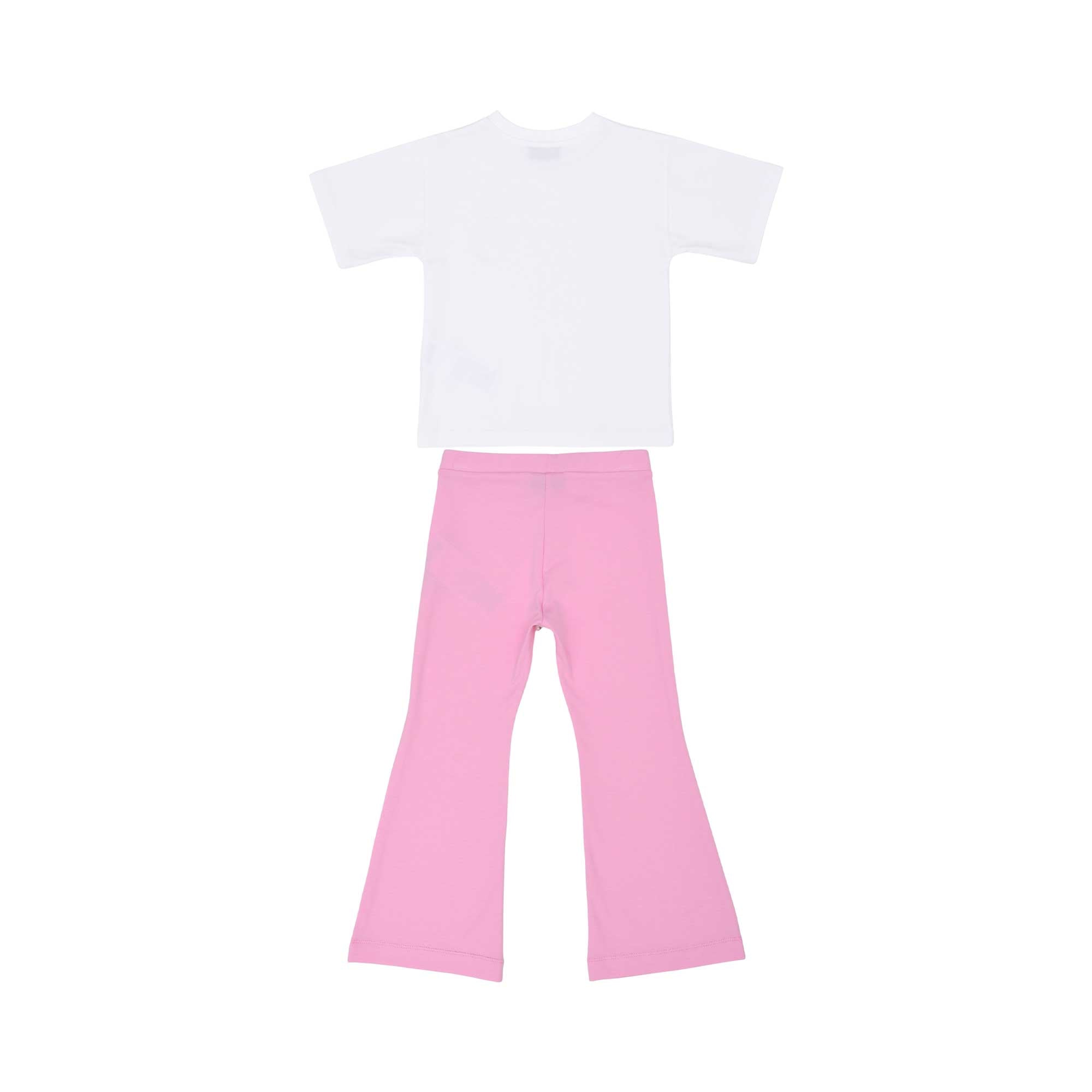 Back full-set view of the Moschino kids girls white T-shirt and pink trousers teddy print set. Shop Now Online
