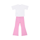 Back full-set view of the Moschino kids girls white T-shirt and pink trousers teddy print set. Shop Now Online