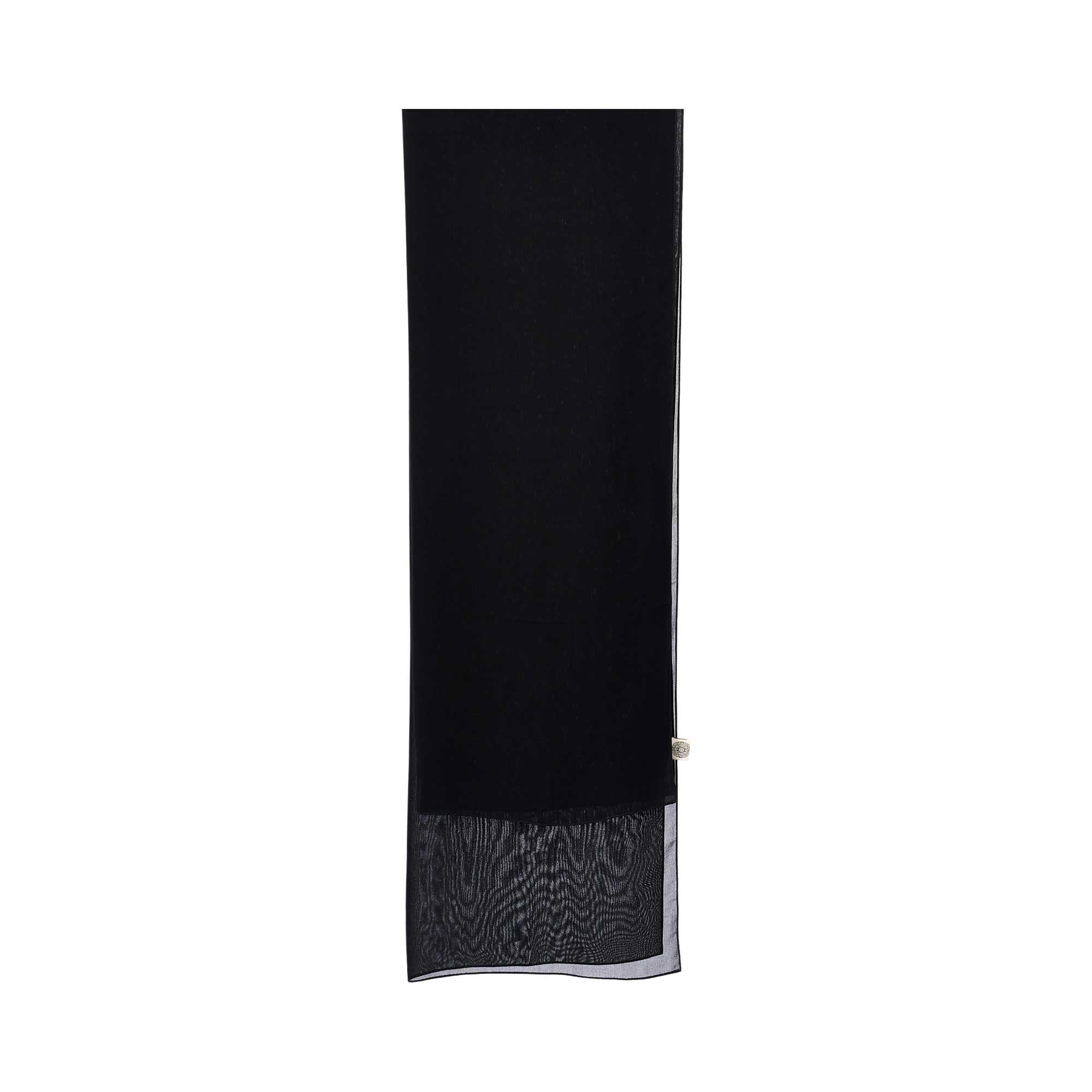 Back of the scarf view of the Nero women's black embroidered abaya with navy and silver detailing. Shop the Latest Collection