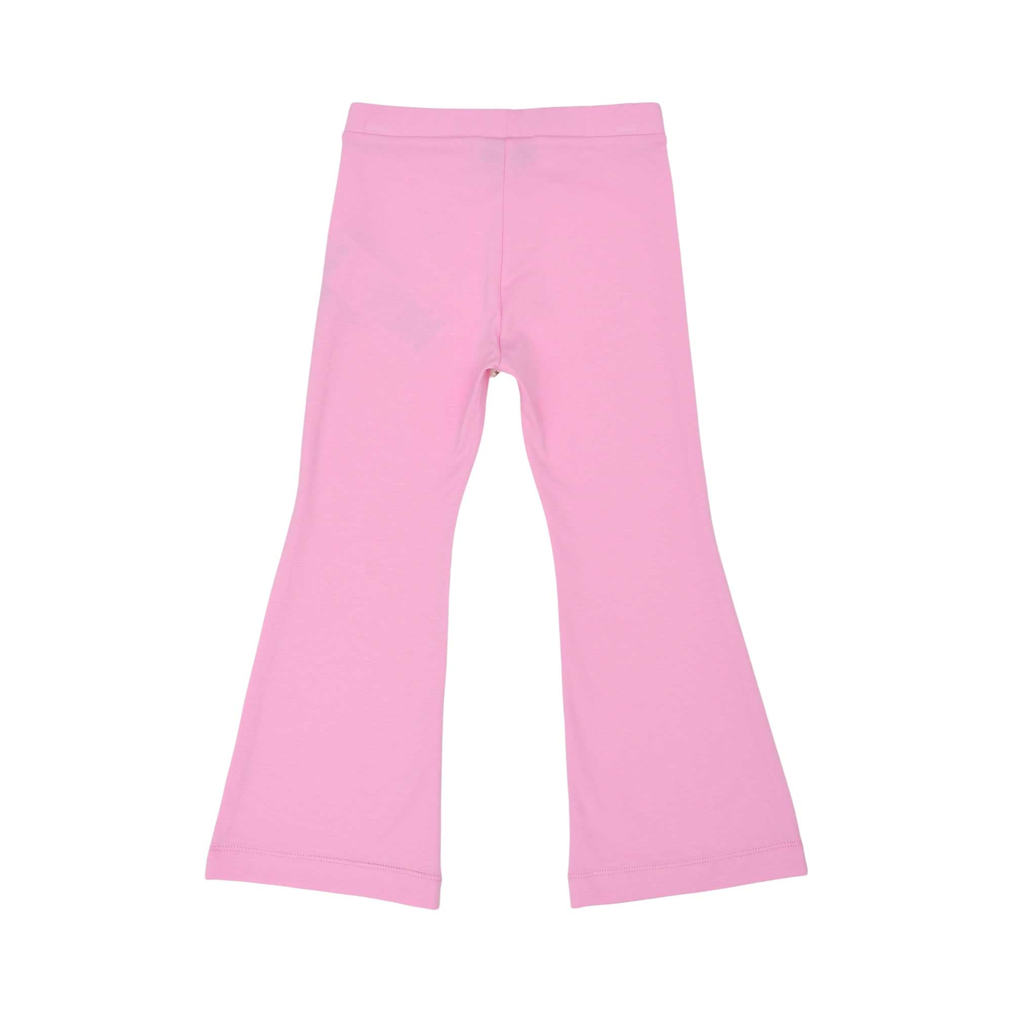 Back trousers view of the Moschino kids girls white T-shirt and pink trousers teddy print set. Shop Now Online