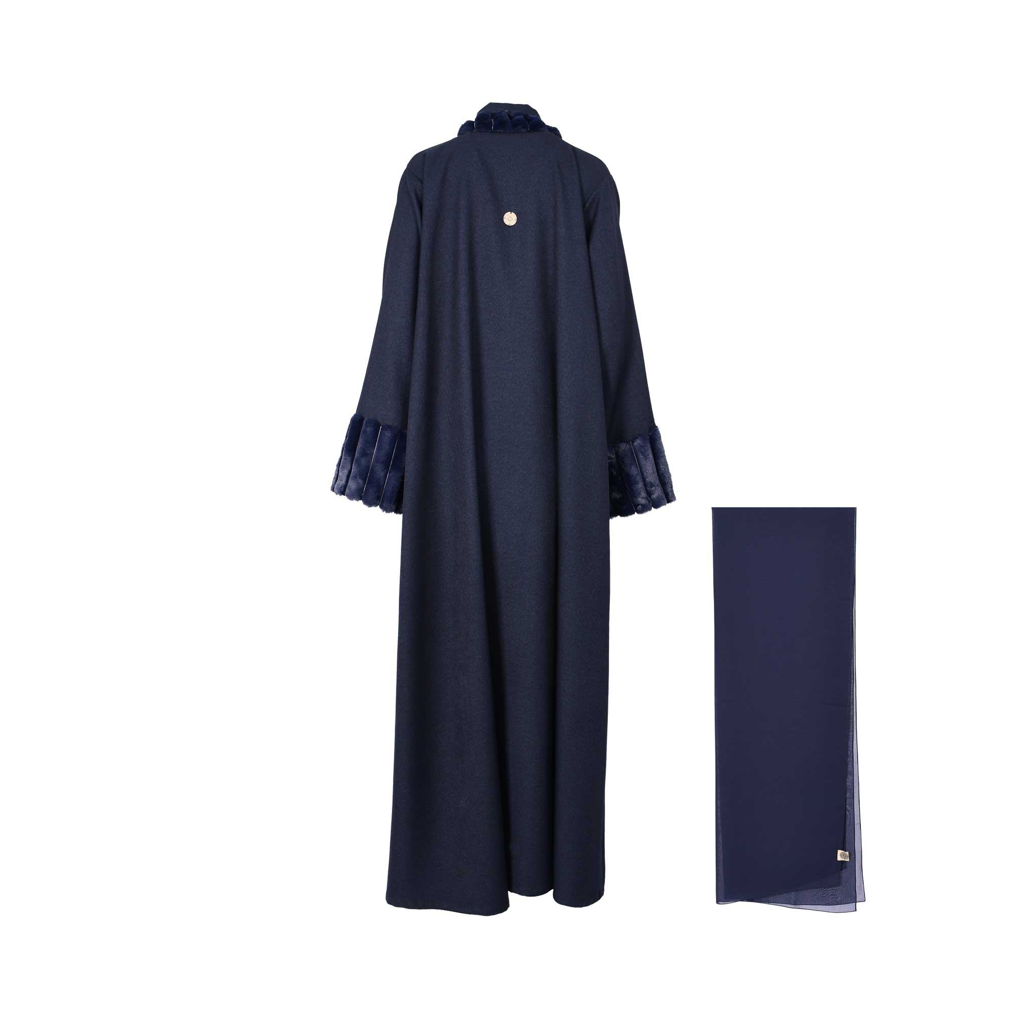 Back view of Nero women's fur-trimmed luxury abaya in Navy Blue with ribbed fur trim. Shop the Latest Online.