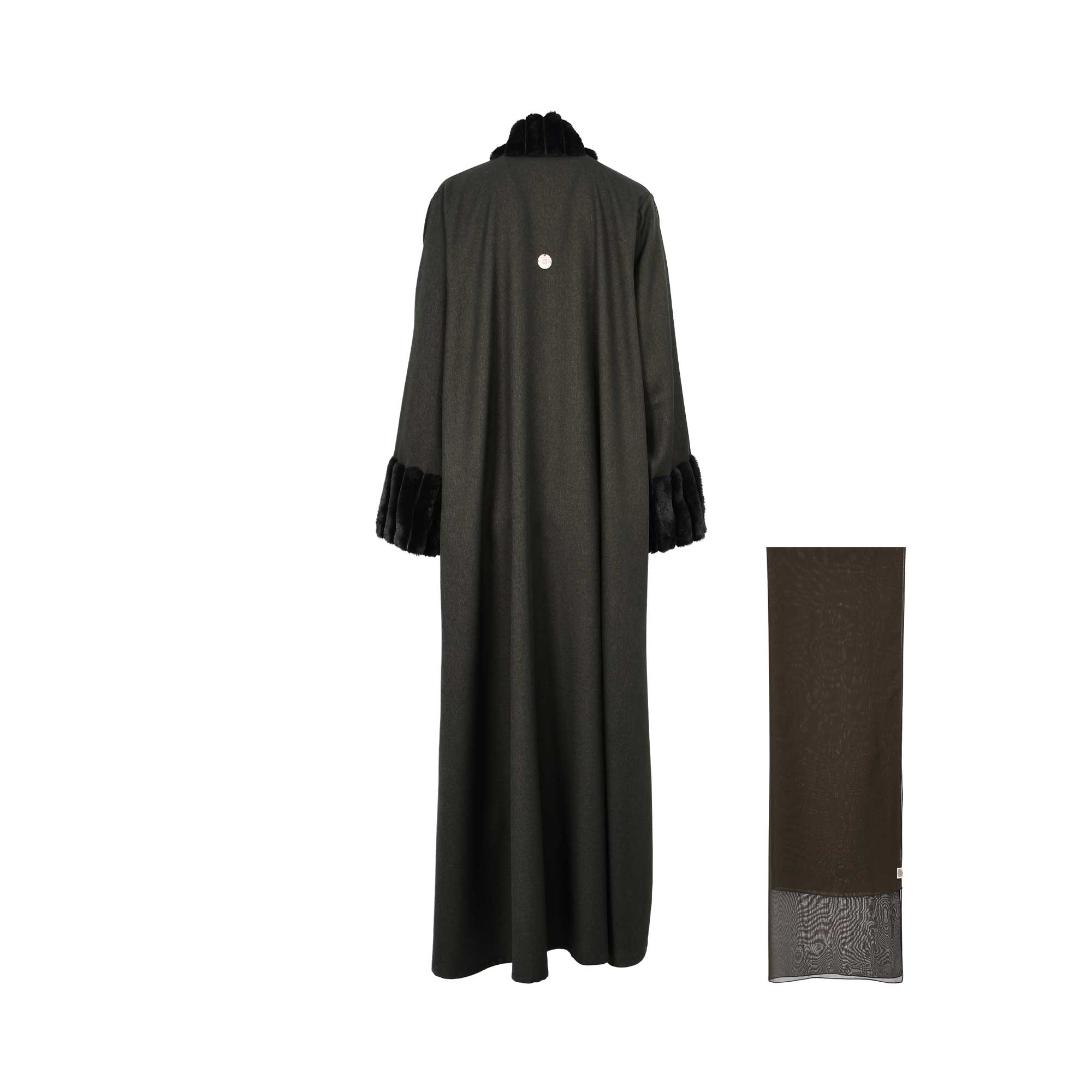 Back view of Nero women's fur-trimmed luxury abaya in Olive Green with ribbed fur trim. Shop the Latest Online.