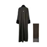 Back view of Nero women's fur-trimmed luxury abaya in Olive Green with ribbed fur trim. Shop the Latest Online.