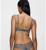 Back view of model wearing the Triumph Sensual Spotlight grey wired padded bra, highlighting the delicate lace cups and supportive structure. Shop Online at Blue Salon Qatar