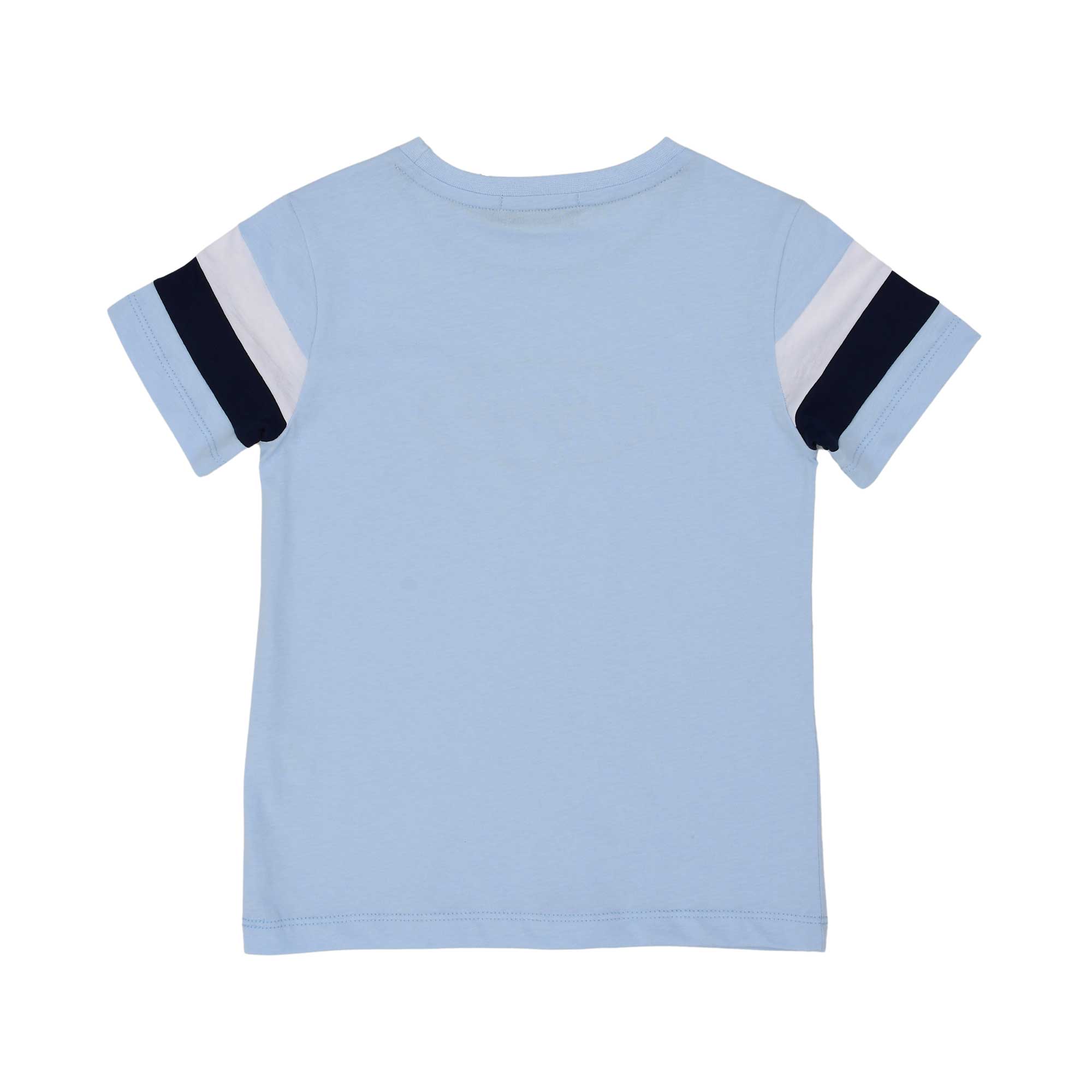 Back view of the Aigner Kids boys blue cotton t-shirt logo print contrast sleeve stripes. Order Now Online.