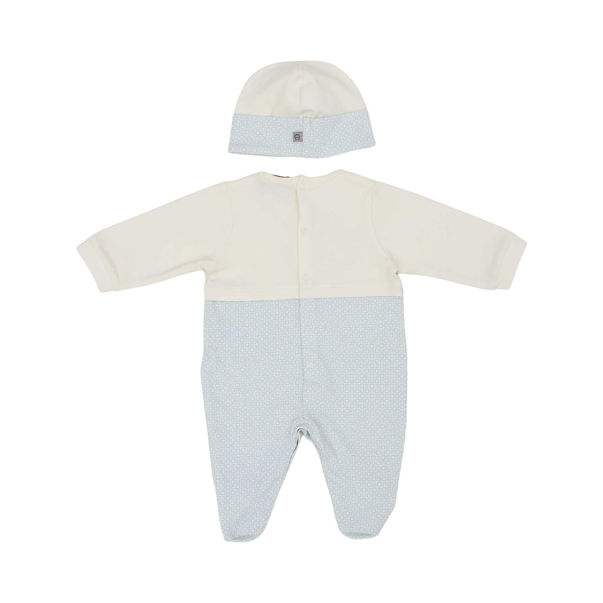 Back view of the Aigner Kids newborn White & Blue sleepsuit set with hat baby outfit soft luxury cotton. Shop the Latest Collection Online
