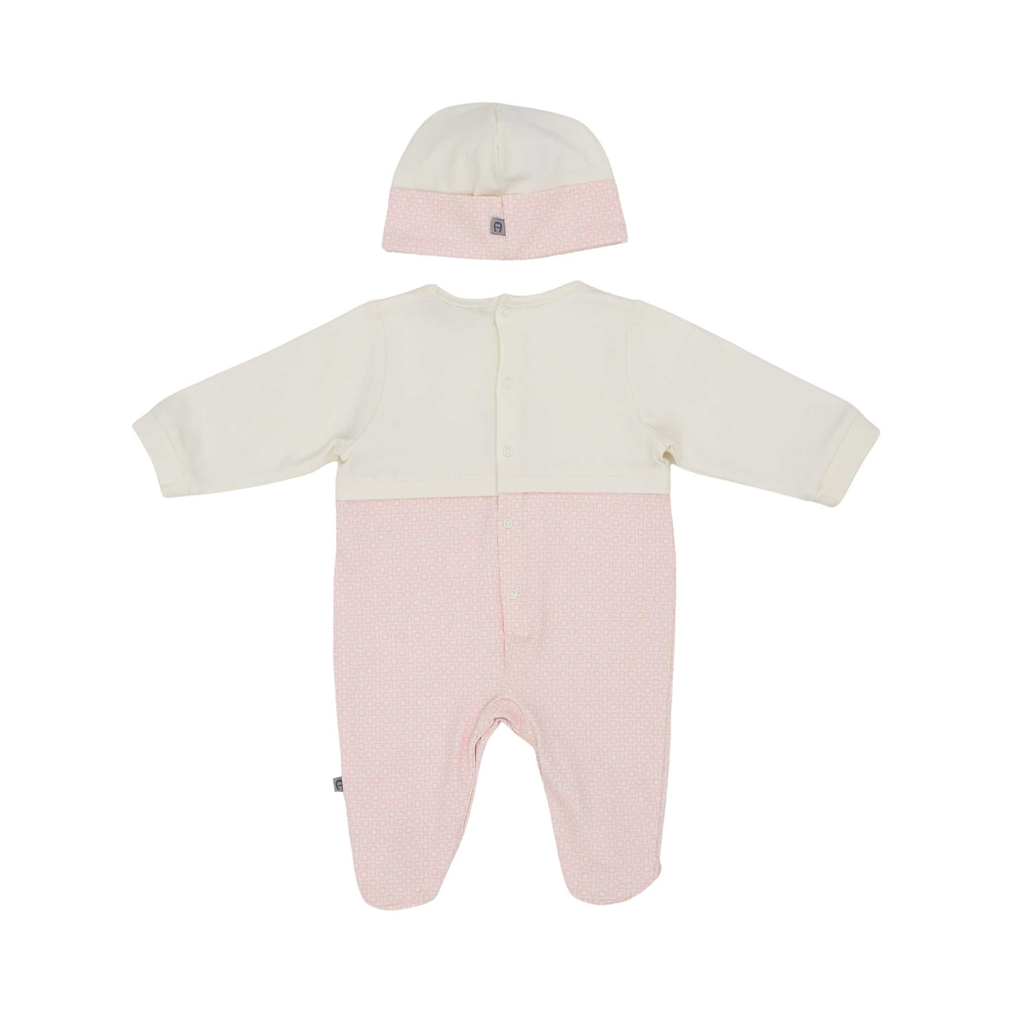 Back view of the Aigner Kids newborn White & Pink sleepsuit set with hat baby outfit soft luxury cotton. Shop the Latest Collection Online